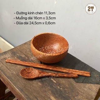 Combo 3 món: chén gỗ dừa dk 11,3cm+ 1 đôi đũa+ muỗng dừa dùng ăn cơm, trang trí bàn tiệc
