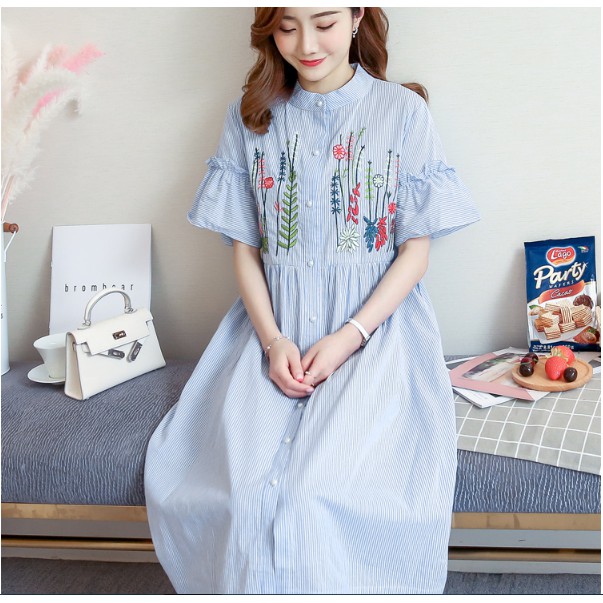 ĐẦM BẦU VÁY BẦU CÔNG SỞ DÁNG DÀI THÊU CỔ TRỤ có nút cho bé bú sau sanh