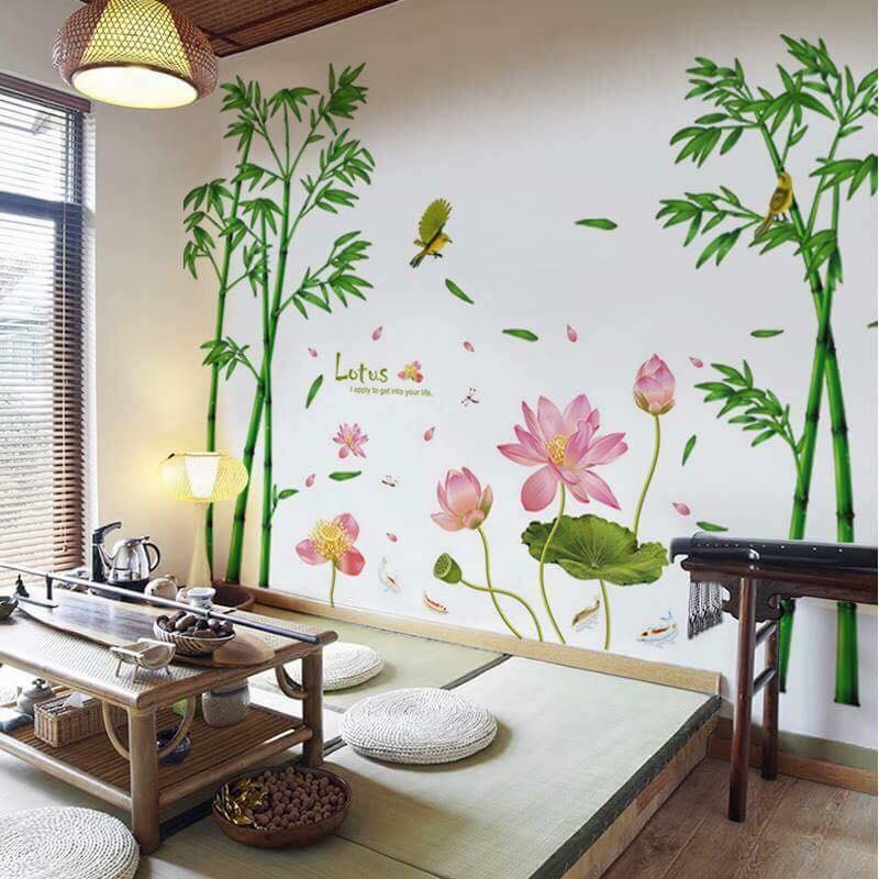 Decal dán tường tre xanh và sen hồng
