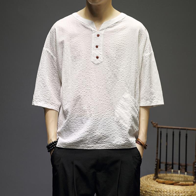 Áo Thun Cotton Lanh Tay Ngắn Dáng Rộng Họa Tiết Kẻ Sọc Phong Cách Trung Hoa Cho Nam