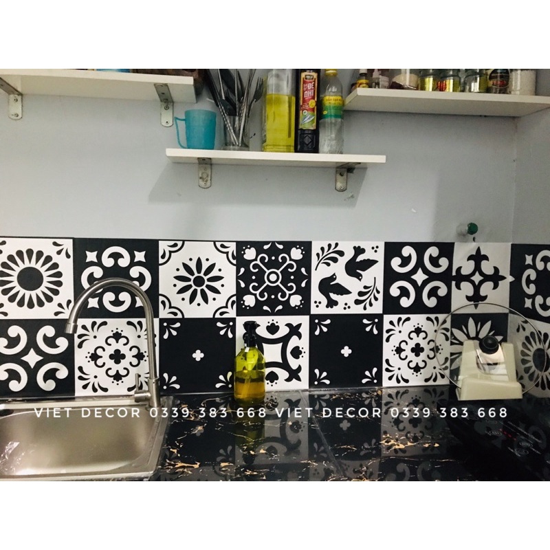 Decal Gạch Bông ĐEN TRẮNG - Set 30 ô 20x20cm - Decal dán tường Trang Trí Nhà Cửa - Viet Decor