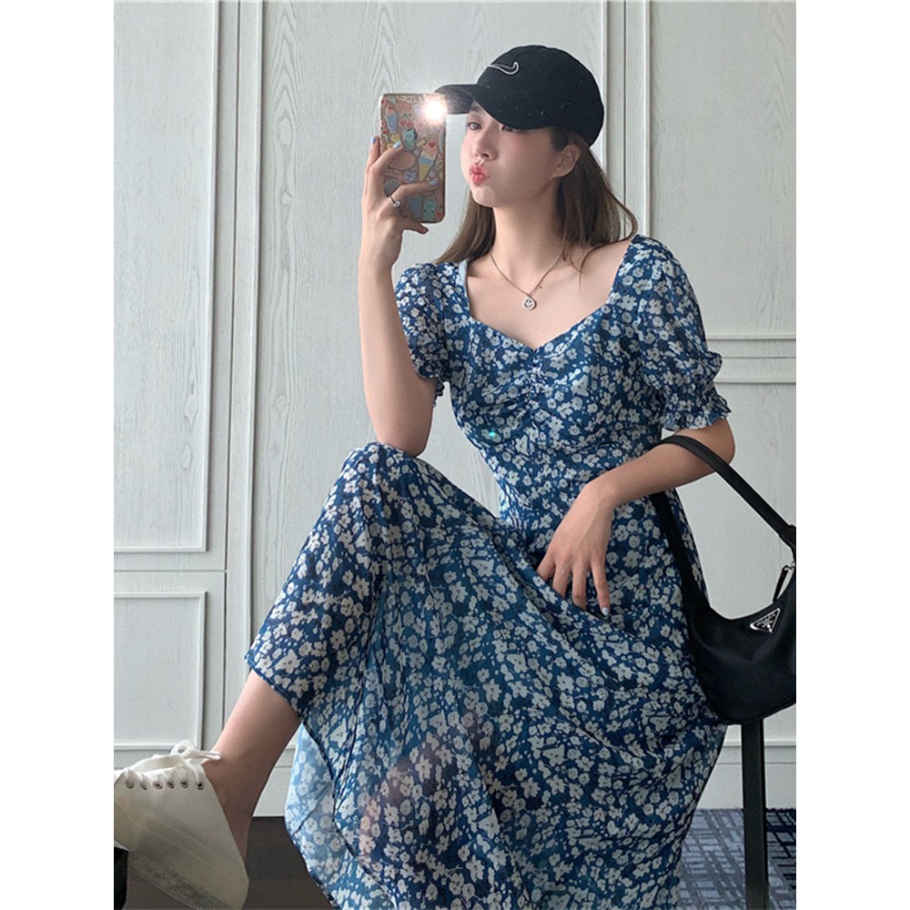 (ORDER) Váy hoa nhí xanh dương cổ vuông điệu đà mùa hè style Hàn Quốc dáng ngắn/dài
