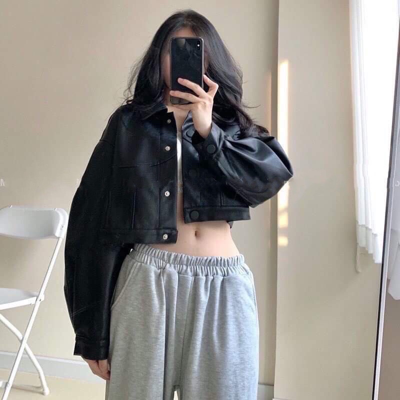 ÁO KHOÁC DA CROPTOP NỮ 🦋 HOTREND Nữ Dáng Rộng Cúc Bấm