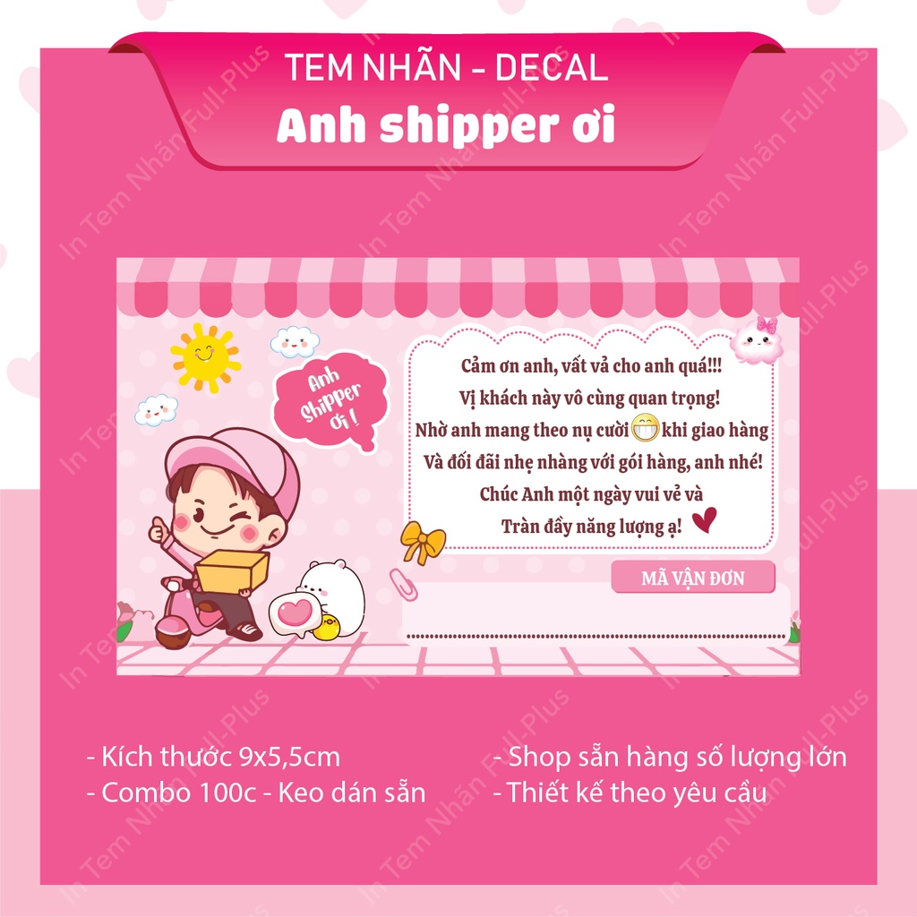 Tem nhãn dán cám ơn Anh Shipper, decal dán Anh Shipper có Ô Ghi Vận Đơn và Keo Dính