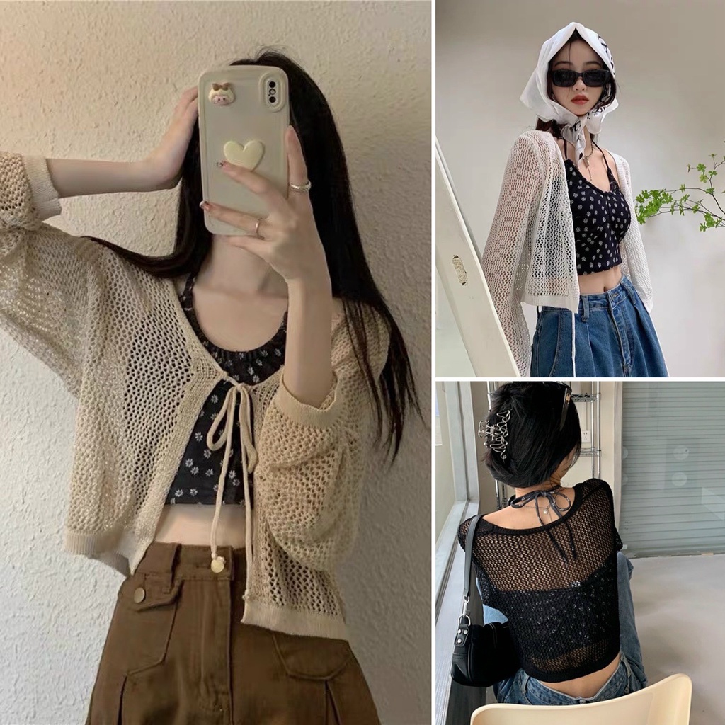 Set đồ QKOOLE gồm áo lửng hai dây và áo khoác cardigan chống nắng họa tiết hoa phong cách Hàn Quốc dành cho nữ
