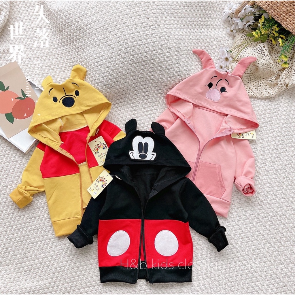 Áo khoác phối khóa kéo, da cá mặc thu đông họa tiết gấu Pooh, Mickey cực đáng yêu cho bé trai bé gái (8-18kg)