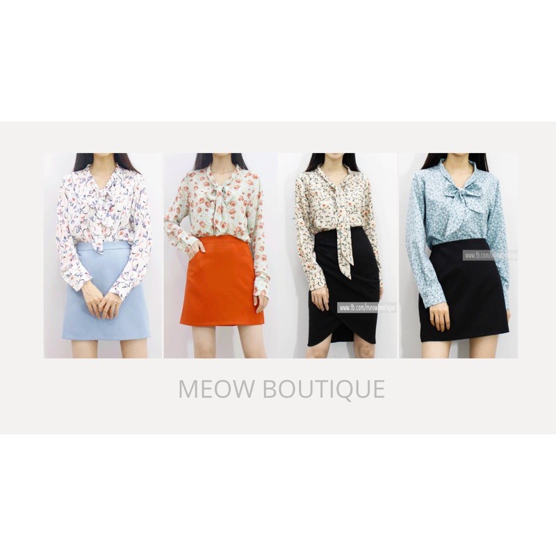 [Mã FATHANG5 giảm 10K đơn 50K] [Hình thật tự chụp] Sơ mi tay dài cổ nơ họa tiết Meow Boutique