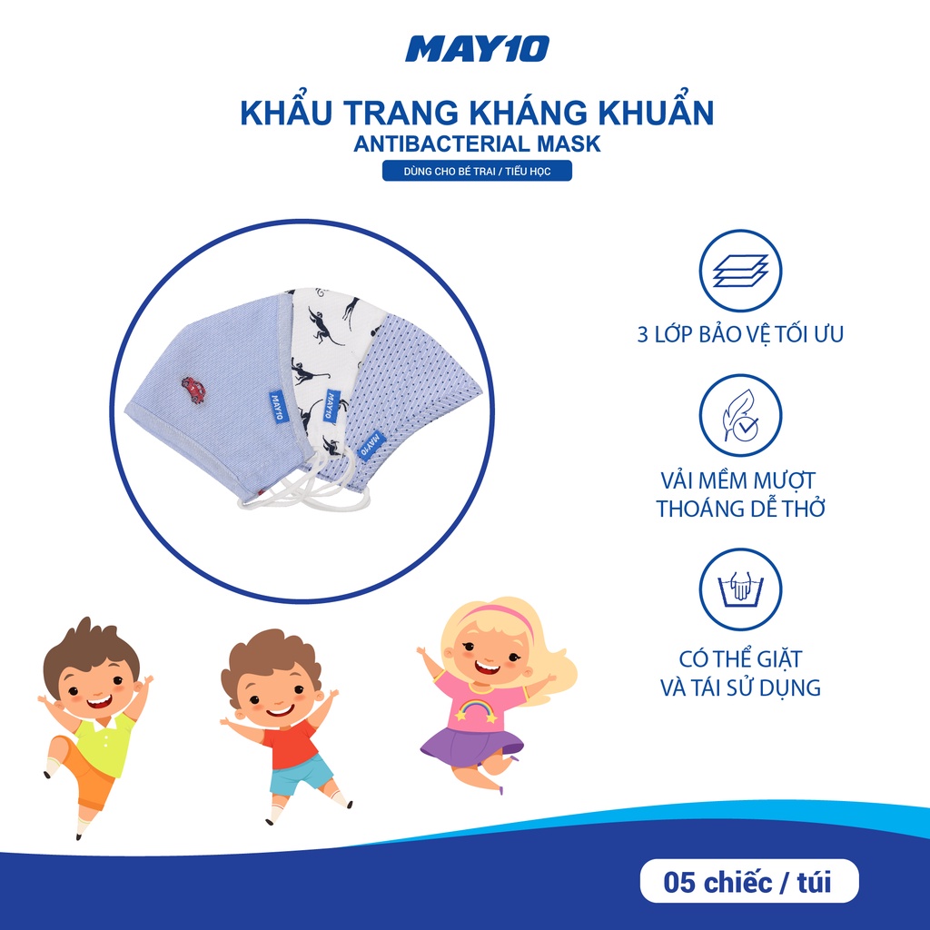 Set 5 chiếc khẩu trang vải kháng khuẩn May 10 cho bé trai - bé gái Tiểu học