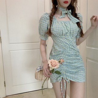 YATWIN ✿The new summer 2020 draw string fold party brought skirt of tall waist short sleeve dress package hip grid