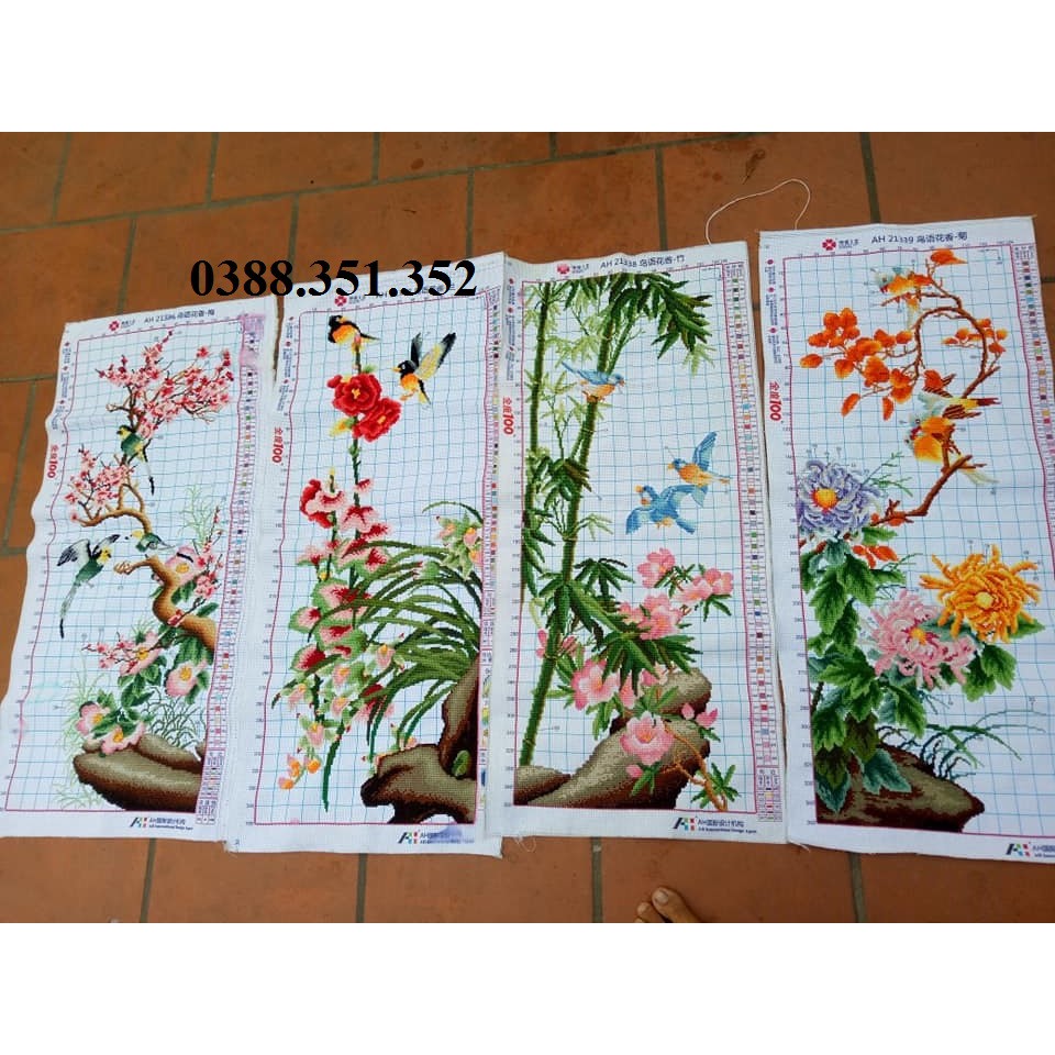 tranh thêu chữ thập thành phẩm tứ quý đào lan trúc cúc 41*91*4cm