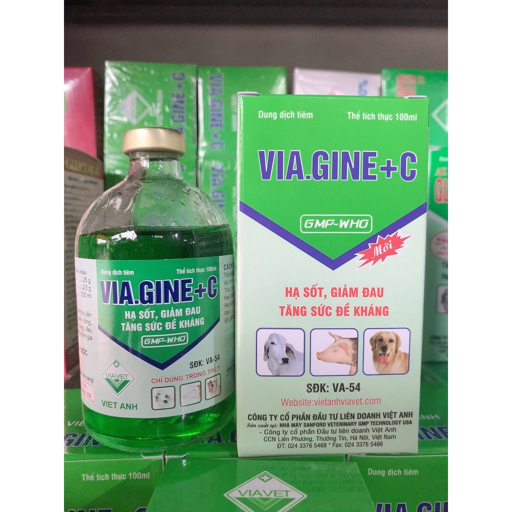 Hỗ trợ vật nuôi VIA GINE + C 100ml hạ sốt, giảm đau, tăng đề kháng vật nuôi. Anagin 25% + Vitamin C 2,5%