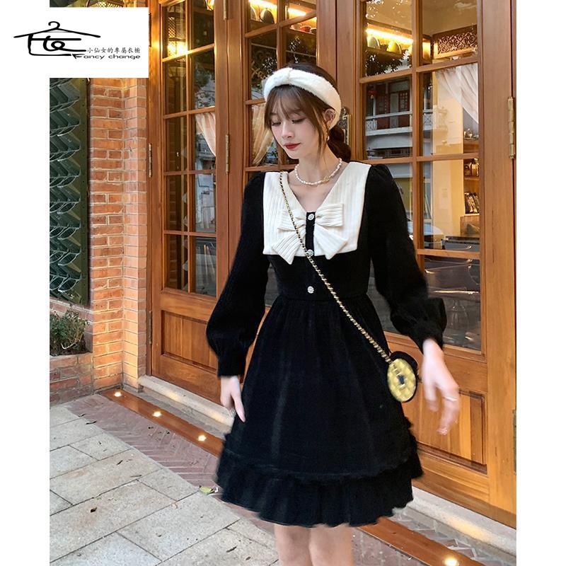 Đầm Nhung Đính Nơ Phong Cách Retro Thời Trang Mùa Xuân Hàng Mới Chất Lượng Cao 2022