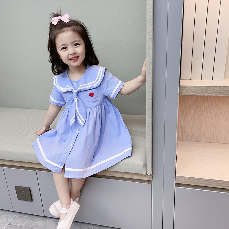 Đầm công chúa tay ngắn cổ thủy thủ chất liệu cotton thời trang mùa hè mới 2022 cho bé gái