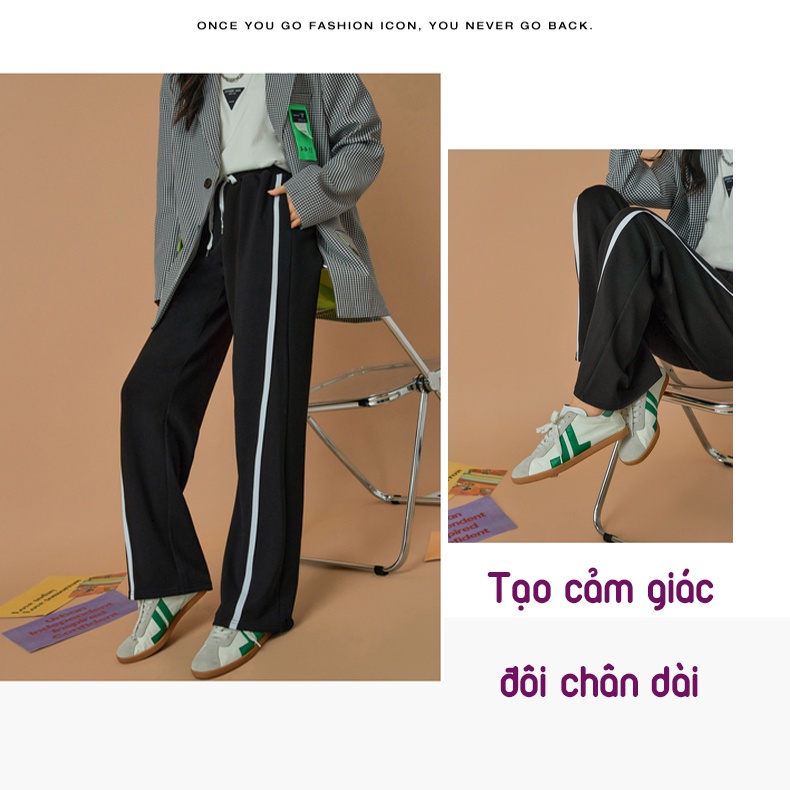 Quần ống rộng nữ ALALA thể thao 1 sọc chéo, quần dài nữ ống suông cạp chun cao có dây rút unisex