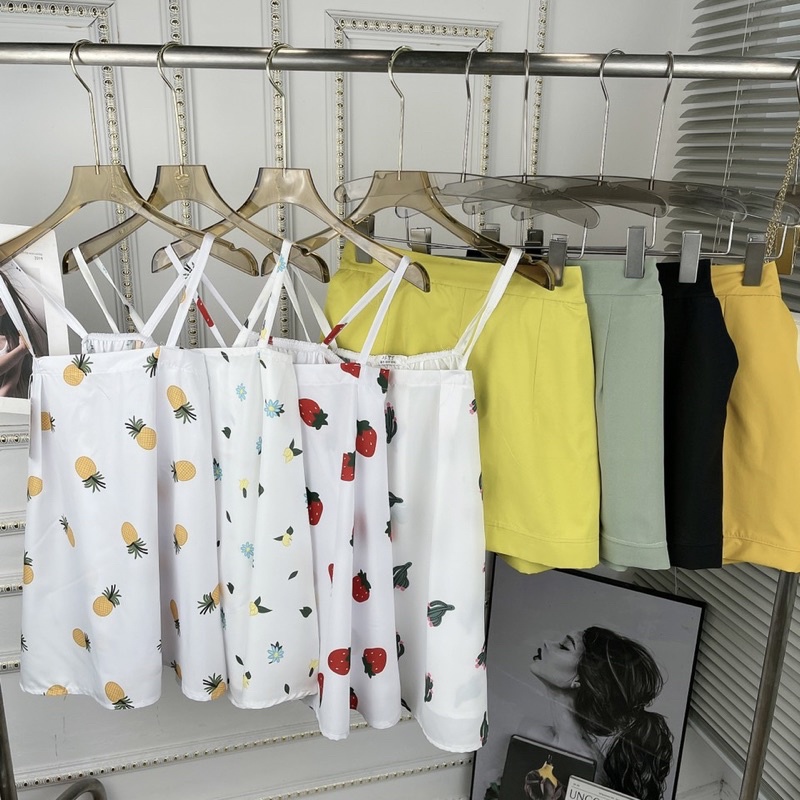 Set aos 2 dây hoa quả mix quần sooc đùi nhiều màu chất thô đũi Bộ 2s hở vai