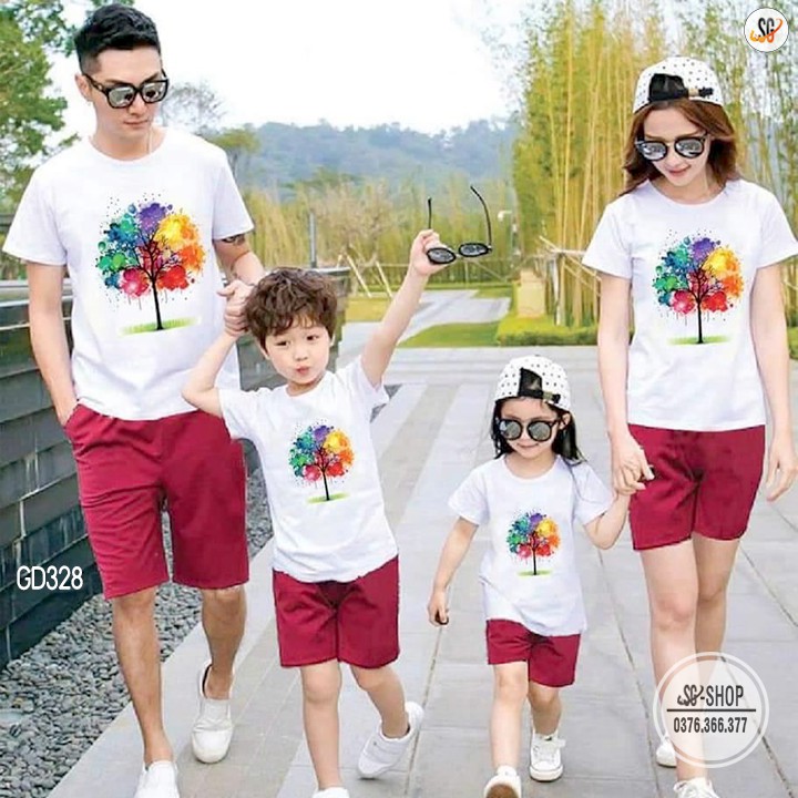 Áo đồng phục gia đình 3/4/5 người đồ đôi mẹ và bé thun cotton mềm mịn màu trắng GD328T