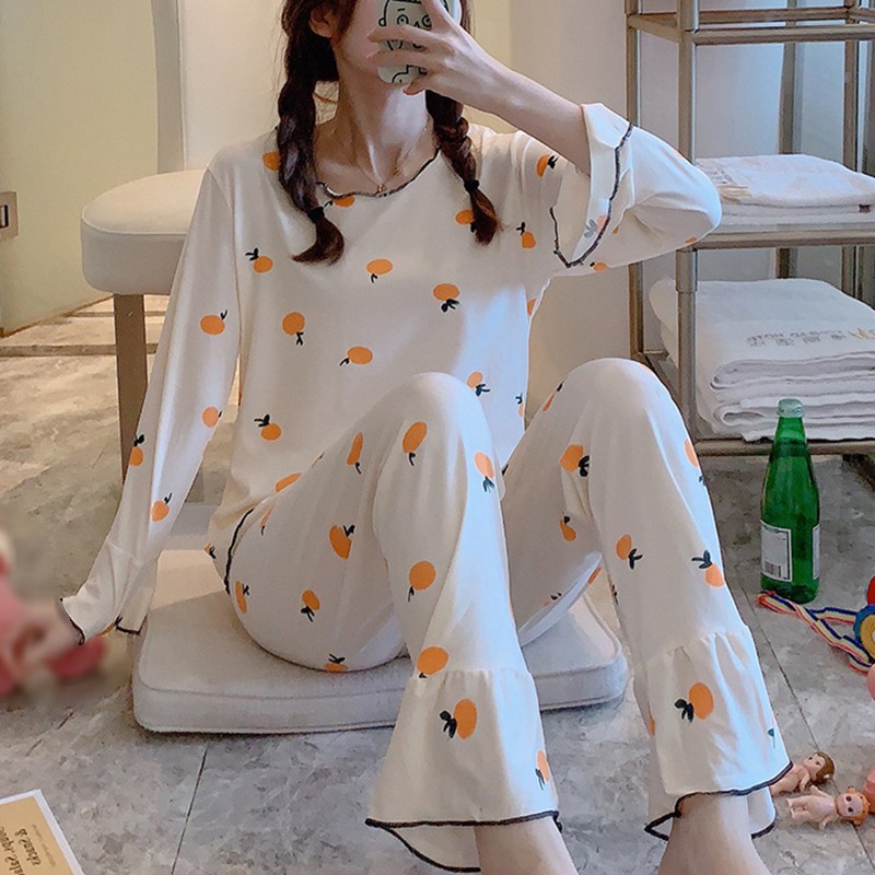 Bộ pijama dài tay , in họa tiết hoạt hình dễ thương cho nữ