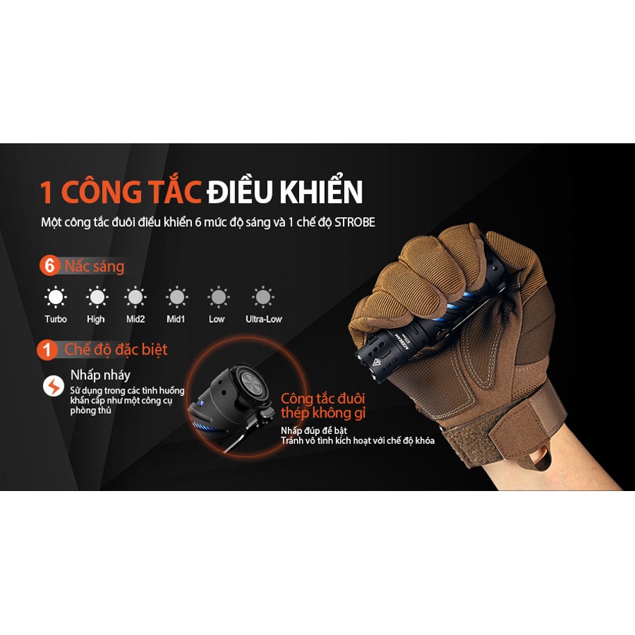 Đèn pin ACEBEAM E70 Mini sáng 2000 lumen chiếu xa 153 mét LED Nichia CRI 90 pin 18650