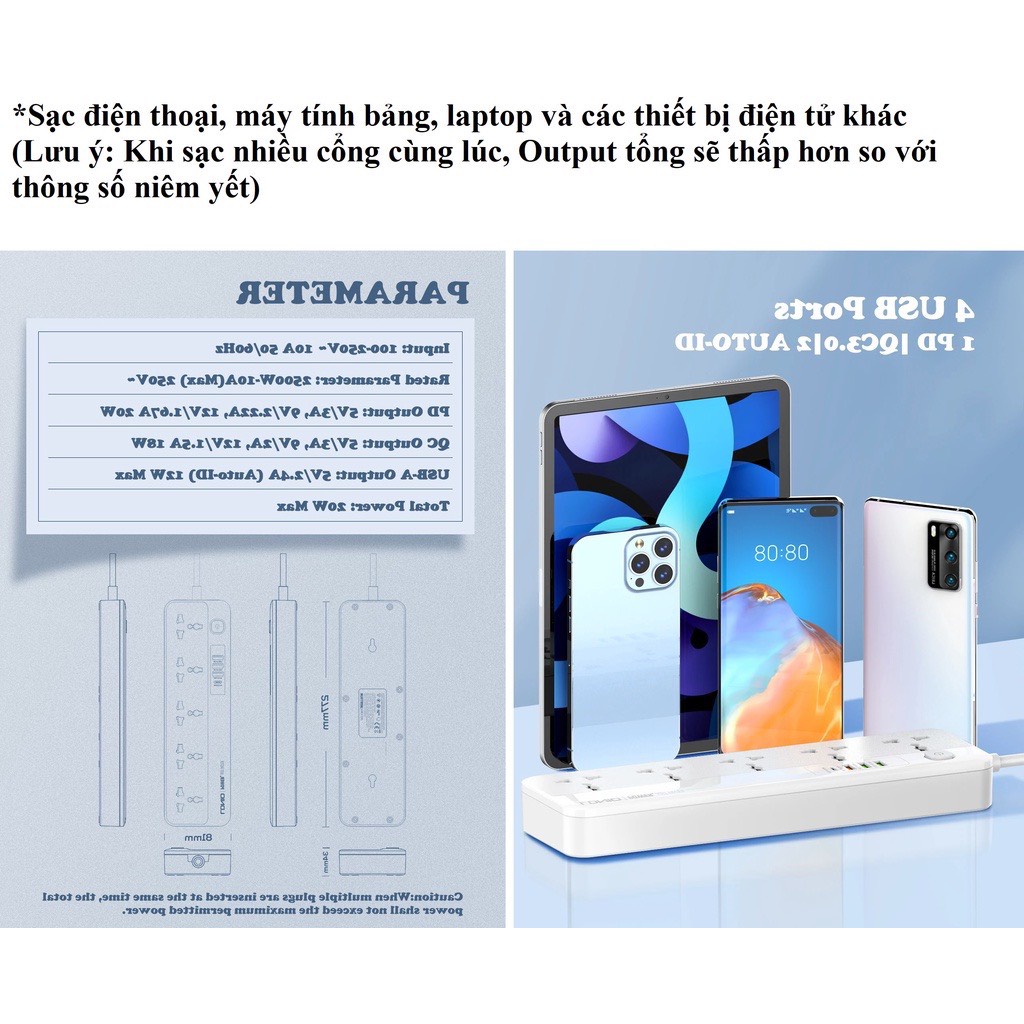 CHÍNH HÃNG Ổ cắm điện đa năng gia đinh văn phòng LDNIO hỗ trợ 5 cổng sạc công suất max 2500w PD 3.0 20W 18W 12W USB