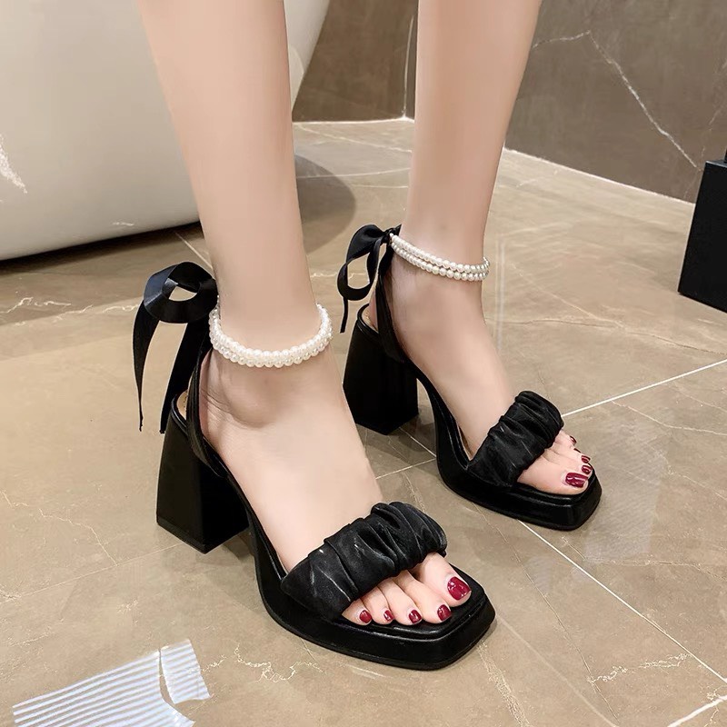Sandal Cao Gót 9p Mũi Đúp 2p Quai Ngang Nhúm Chuỗi Ngọc Cổ Chân Cực Xinh - Xăng Đan Quai Nơ Chị Chảnh Store