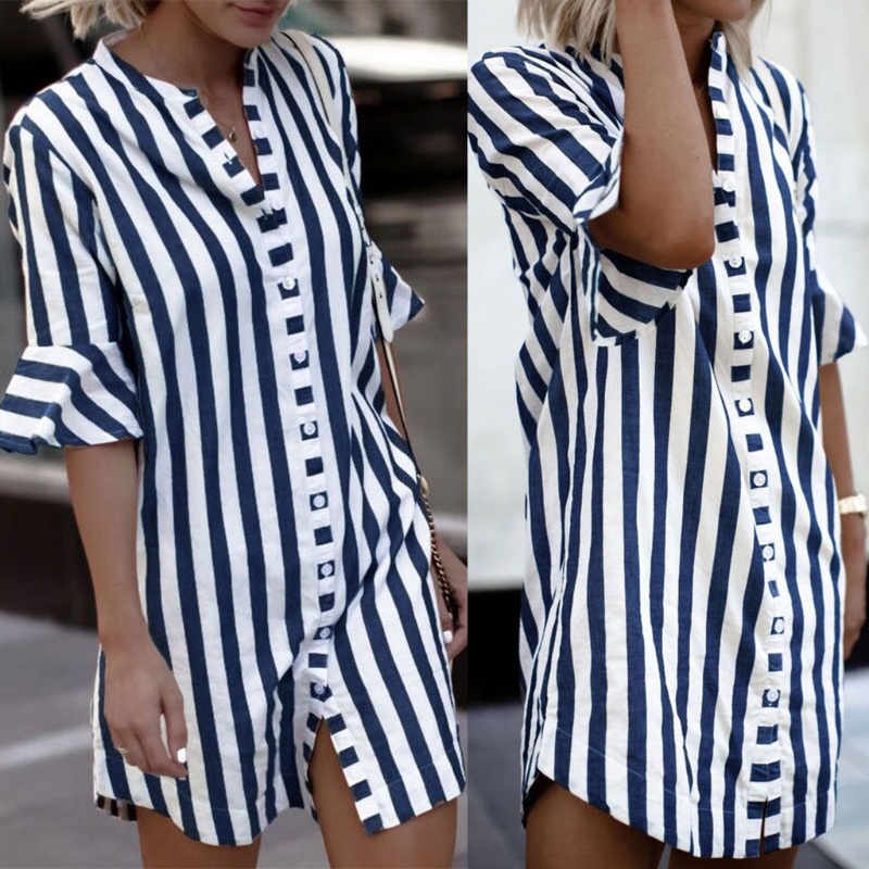 Áo Sơ Mi Tay Lửng Dáng Dài Họa Tiết Kẻ Sọc Thời Trang 2018 Cho Nữ