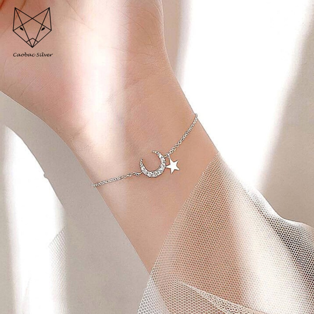 Lắc Tay Bạc Cao Cấp Caobac Silver Thiết Kế Họa Tiết Trăng Đá Sao Rơi Độc Đáo, Tinh Xảo