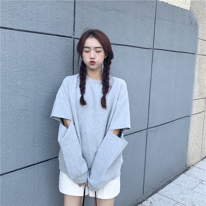 Theodora Áo Thun cotton Tay Dài Xẻ Tà Màu Đen/Tím/Xám Đơn Giản Phong Cách Hàn Quốc Thời Trang Dành Cho Nữ