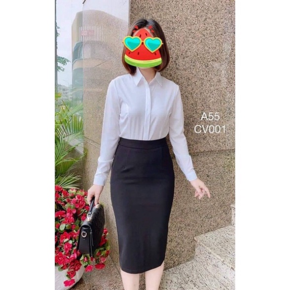 Chân váy công sở bút chì sẻ sau dài qua gối chất vải co dãn 4 chiều cao cấp màu đen helobaby