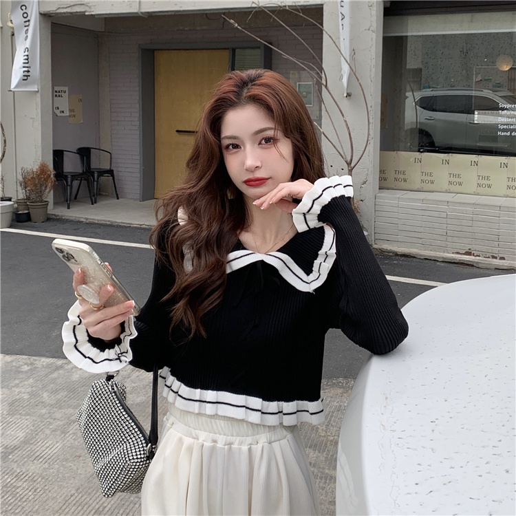 【ZHELIHANGFEI】 / Áo Sweater Dệt Kim Cổ Búp Bê Dáng Ôm Thiết Kế Cột Dây Kiểu Retro Thời Trang Xuân Hè Cho Nữ