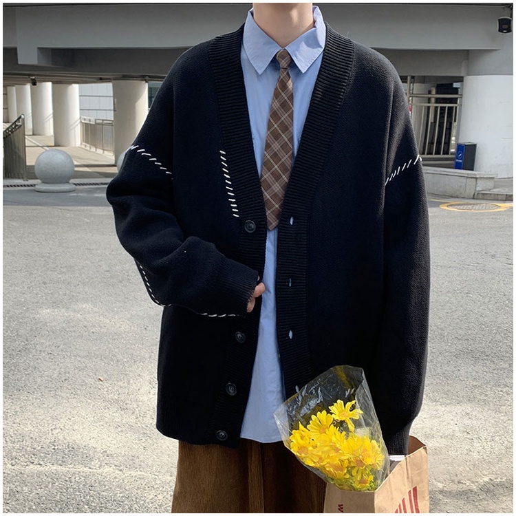 Áo cardigan len nam form rộng ullzang hàn quốc, Áo khoác cardigan len nam nữ unisex oversize chất len viền kẻ học sinh