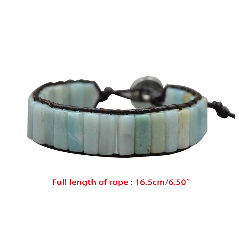 Vòng Tay Chuỗi Hạt Đá Amazonite Tự Nhiên Phong Cách Boho Kèm 2 Dây Đeo Bằng Da