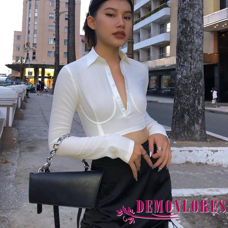 Áo croptop tay dài cài nút thanh lịch dành cho phái đẹp