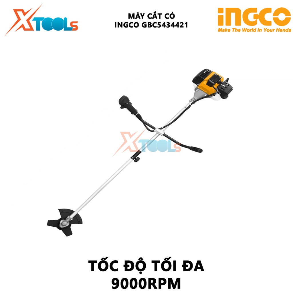 Máy cắt cỏ cầm tay INGCO GBC5434421 | máy cắt cỏ 2 thì 1.25Kw(2HP), Đường kính lưỡi 255mm (3 răng), Độ cắt tối đa 420mm