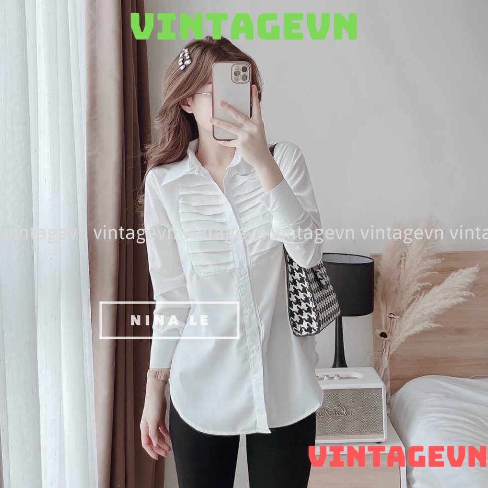 Áo sơ mi trắng xếp ly ngực hàng đẹp HA00002 vintagevn