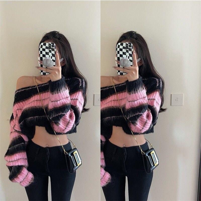 Áo Len Tay Dài Form Croptop Kẻ Sọc Phối Màu Độc Đáo Thời Trang Cá Tính