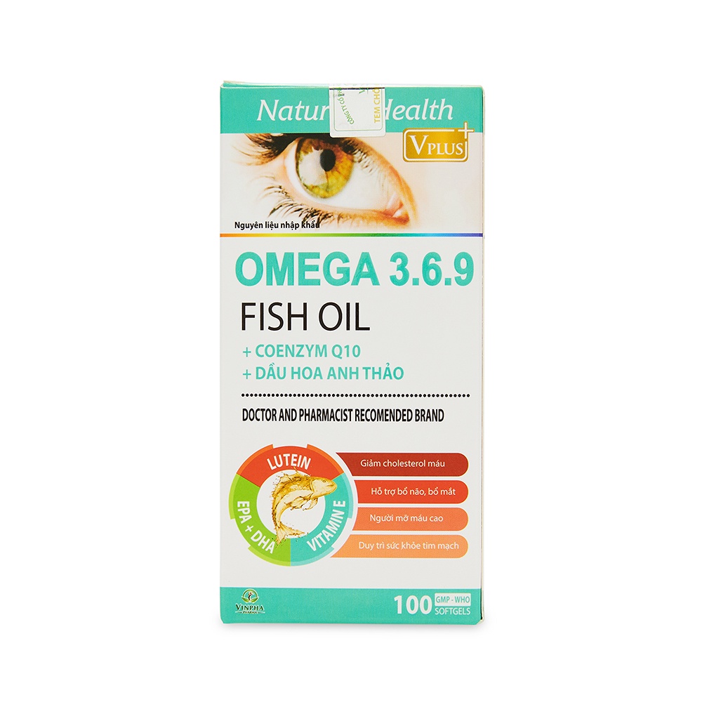 Viên dầu cá Omega 3 6 9 Dầu hạt lanh, dầu gấc, hoa anh thảo - 100 viên [Omega 3 6 9 Vplus Xanh]