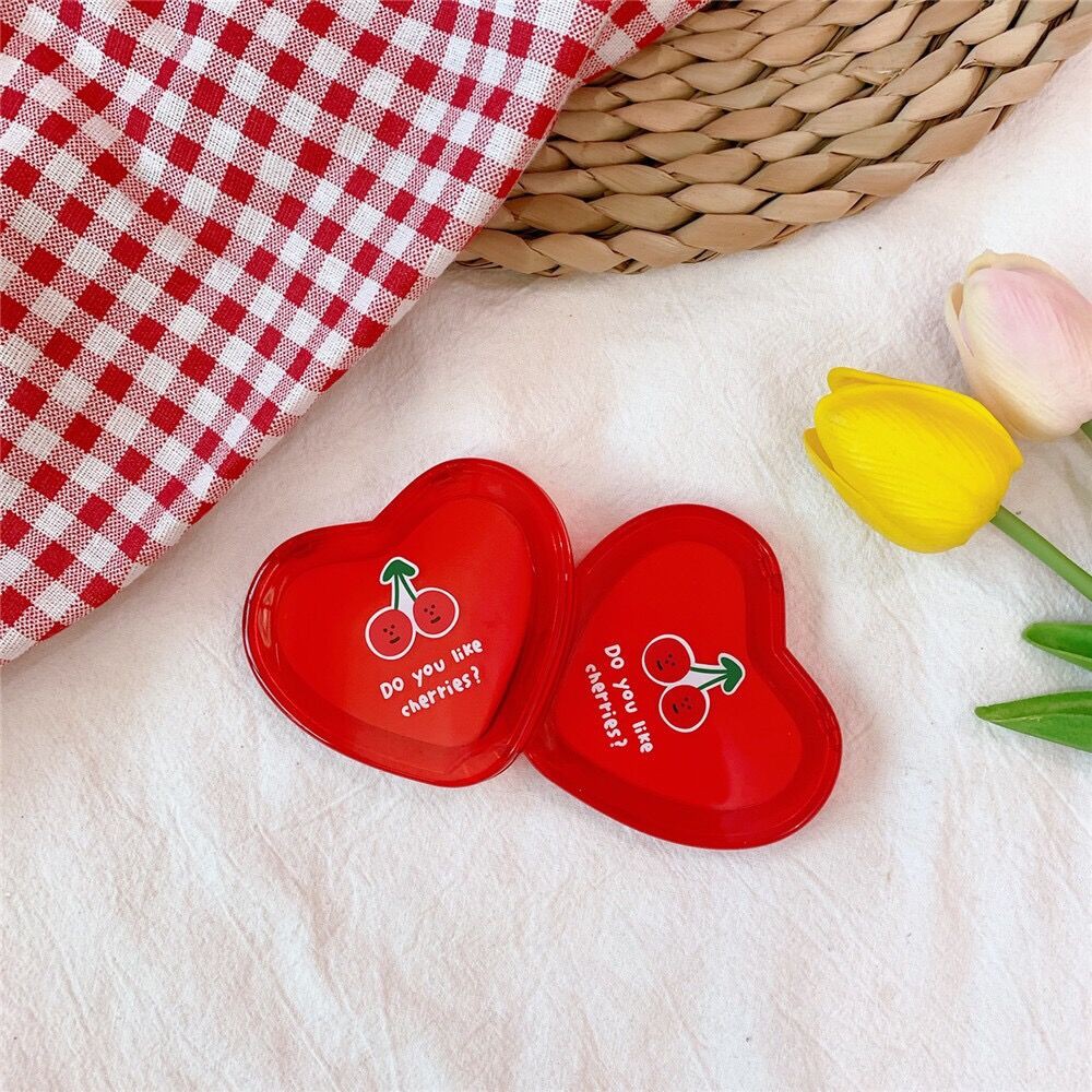 Gương 2 mặt hình trái tim màu đỏ cherry cỡ nhỏ thuận tiện mang theo