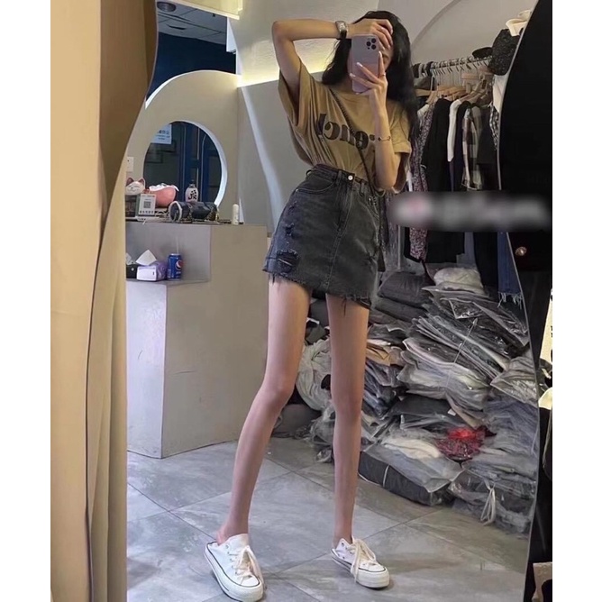 Set Áo Phông Chữ Phối Chân Váy Jeans Mềm Form Đẹp