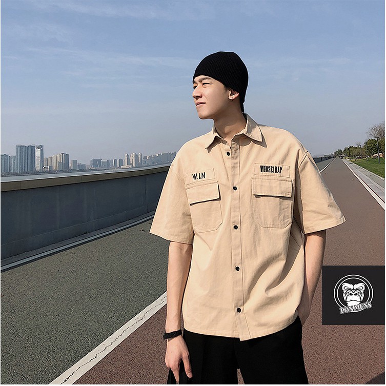 Áo sơ mi kaki nam form rộng tay lỡ phong cách Hàn Quốc 2021