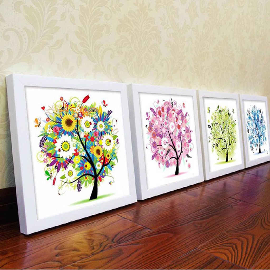 Tranh Thêu Đính Đá Trang Trí Thủ Công Tự Làm 5d Hình Cây 4 Mùa