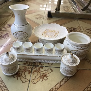 Combo  đồ thờ cúng sứ bạch ngọc viền nổi