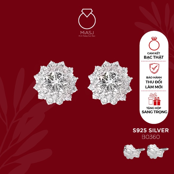Bông tai nữ bạc Ý S925 MiASJ B0360 hoa 3 tầng kết đá CZ chốt đẩy cao cấp