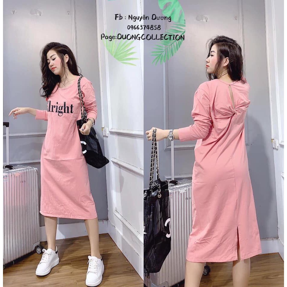 Váy suông dài tay xoắn lưng in chữ dài tay dáng dài alright chất cotton | BigBuy360 - bigbuy360.vn