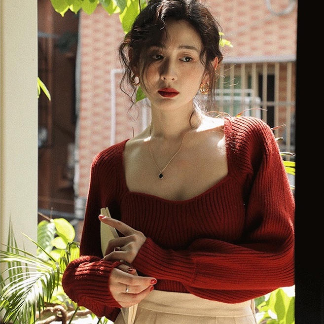 Áo sweater ZHELIHANGFEI dệt kim cổ vuông tay phồng kiểu retro dễ phối đồ