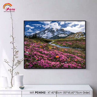 Tranh sơn dầu số hóa tự tô màu phong cảnh đồng hoa tím núi tuyết PC4042 - HaLa Store