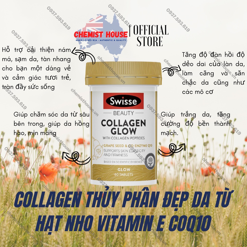 Combo Collagen thủy phân + viên uống trắng da chống nắng Swisse Úc Swisse Collagen Glow peptides + Swisse Bright Skin