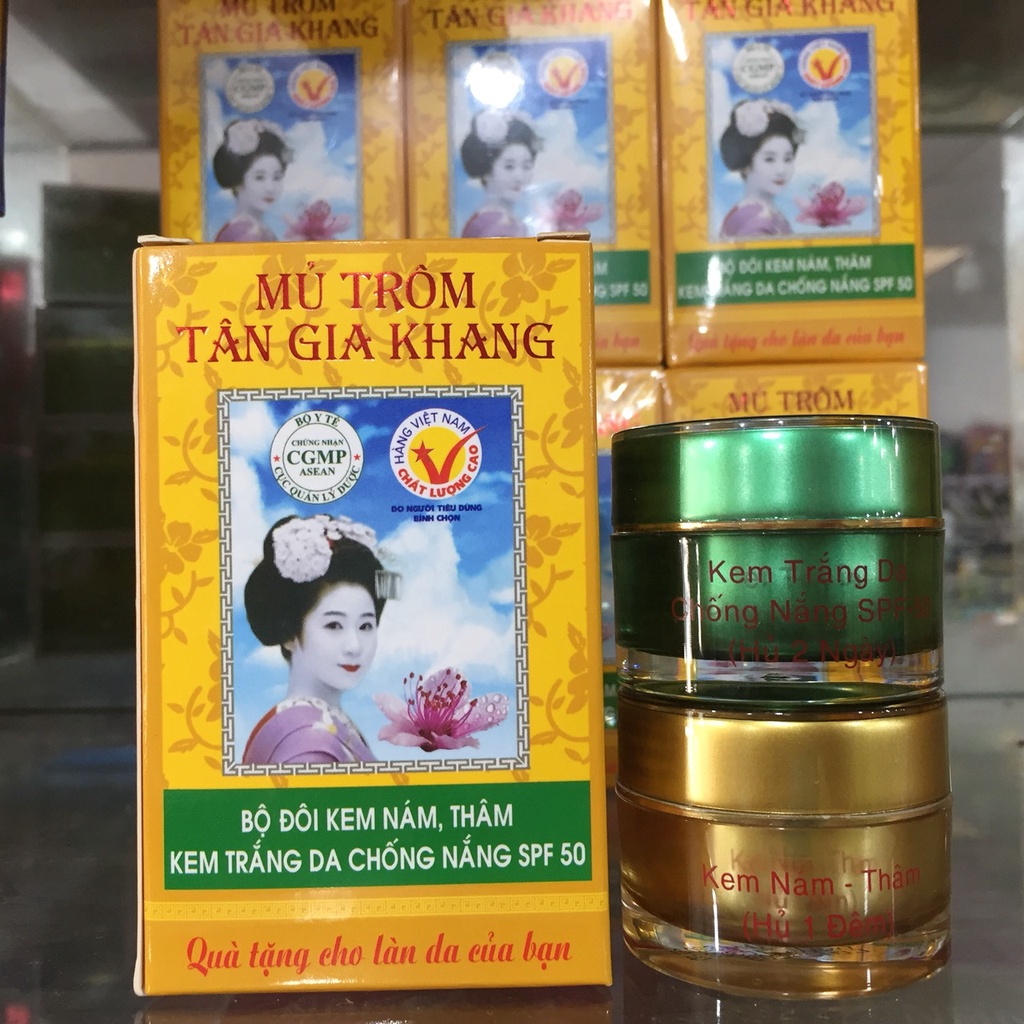 TÂN GIA KHANG Bộ đôi (hộp 2 hũ kem) kem ngừa nám, thâm, trắng da chống nắng spf 50 (hộp viền xanh)