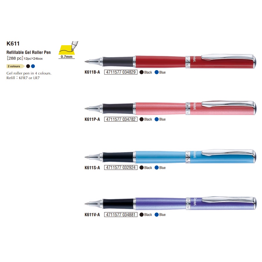 Bút Ký Gel Pentel Sterling K611| Ngòi 0.7mm Mực Xanh |Thiết Kế Màu Vỏ Thời Trang |Kèm Hộp