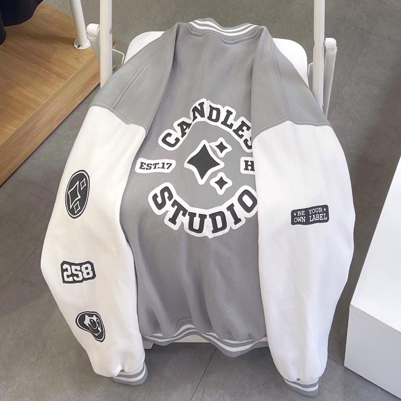 Áo Khoác Bomber Nỉ Chữ CS Form Rộng Unisex Chất Nỉ Ngoại Ulzzang Nam Nữ Dáng Rộng Form To Màu Tàn Phối Trắng