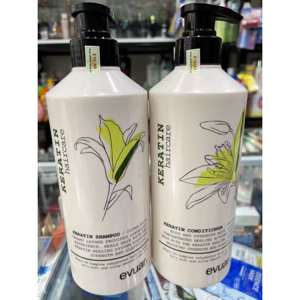 Cặp Dầu Gội Xả KERATIN EVUAR 758ml. Phục Hồi Tóc Hư Tổn, Chống Rụng Và Kích Thích Mọc Tóc.Hàng Chính Hãng NAMI
